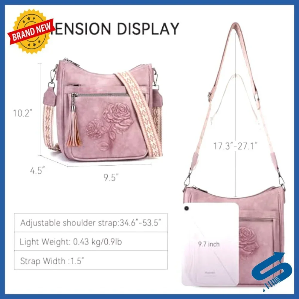 Vegan Leather Hobo Purse Crossbody Bag Embossed Floral Retro Chic Travel_3